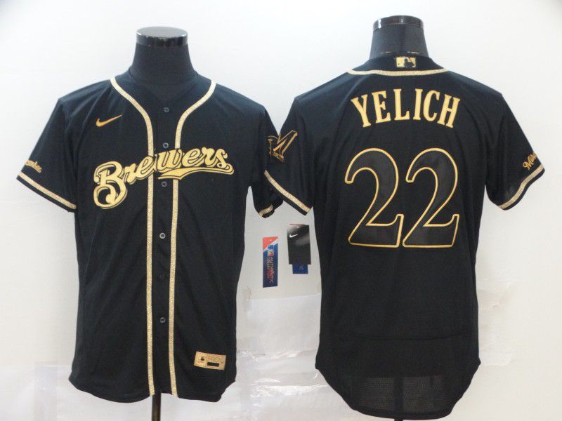 Men Milwaukee Brewers 22 Yelich Black Retro gold character Nike MLB Jerseys